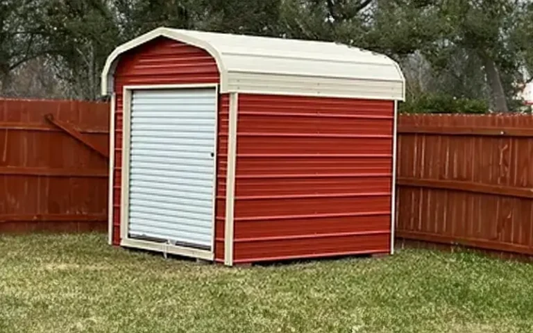 Portable red metal shed built for durable outdoor storage
